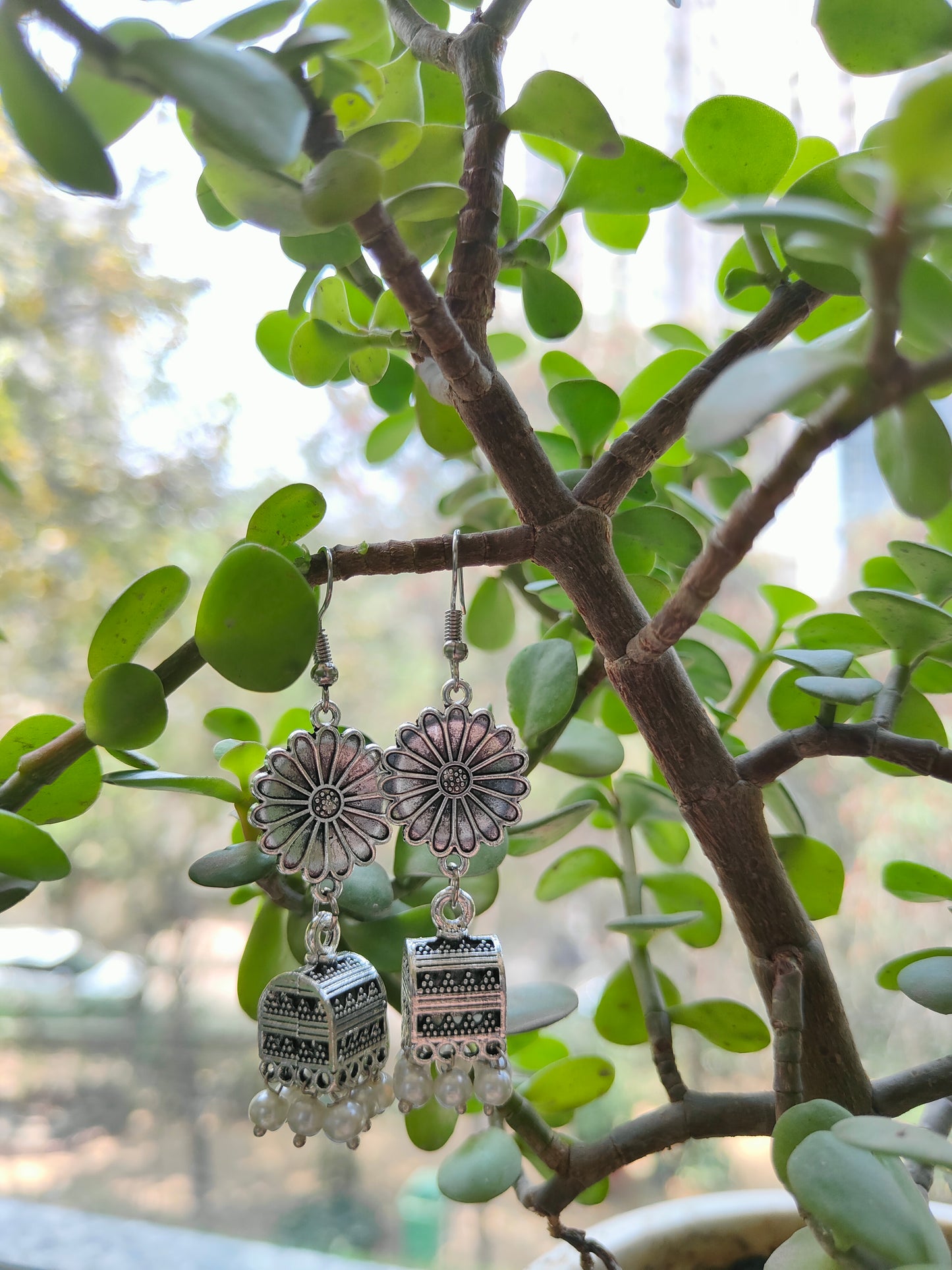 Floral Charm Oxidized Jhumka